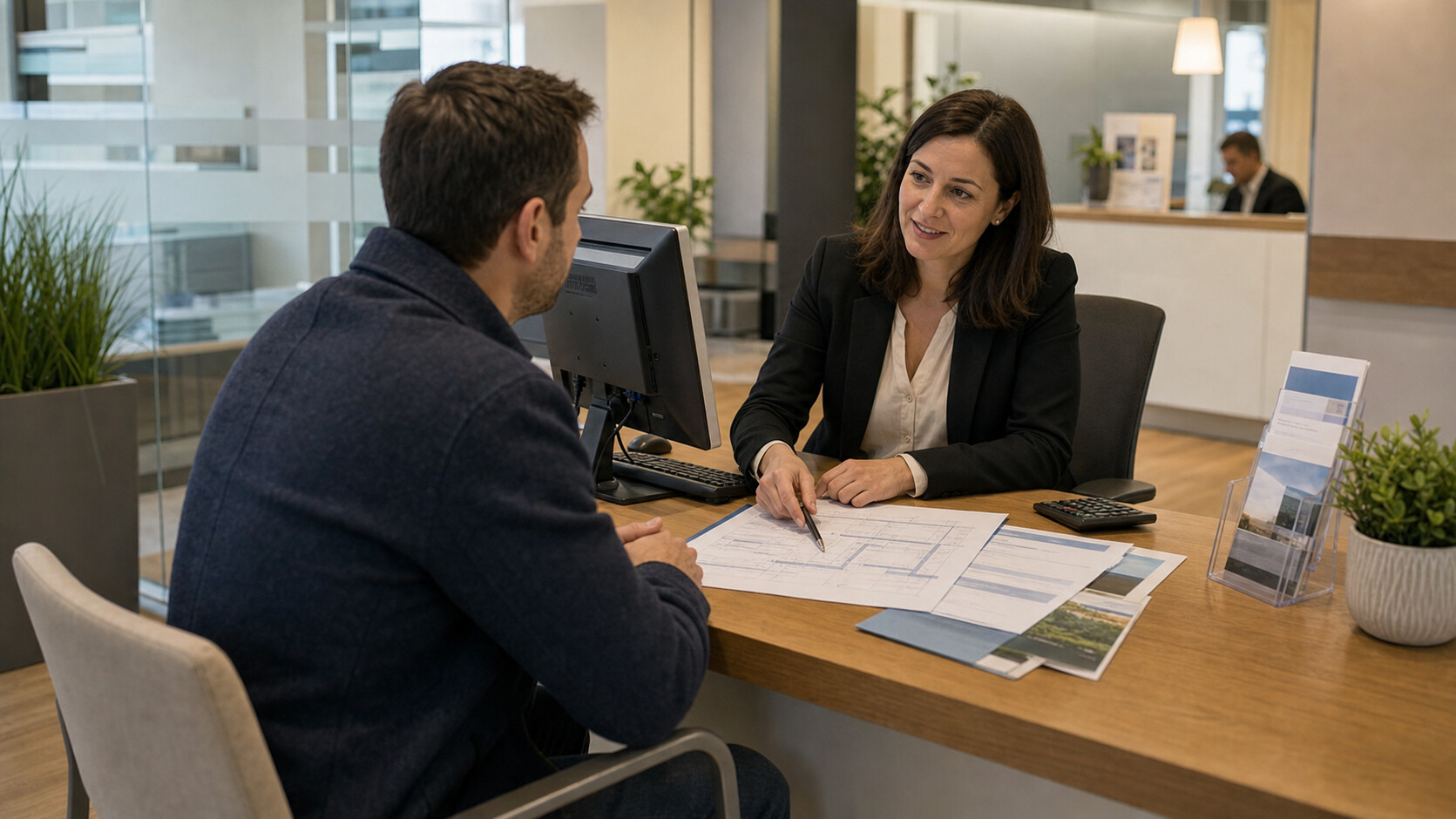Guichet bancaire avec conseiller, ordinateur et documents de compte courant